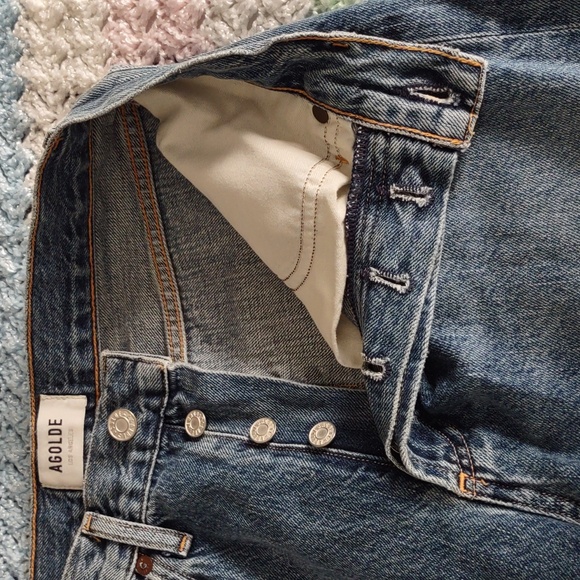 Agolde Size 27 Riley High Rise Straight Crop Button Fly Distressed Blue Jeans - Picture 13 of 16